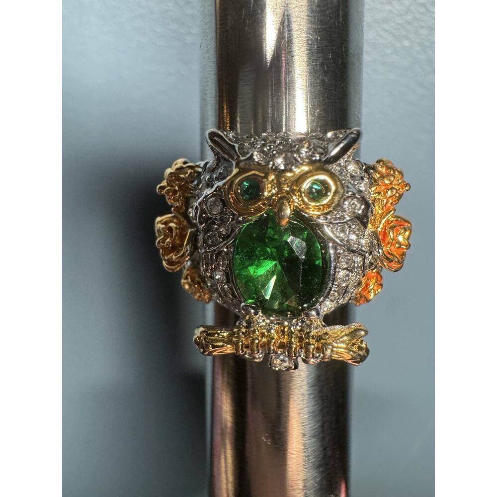 Chunky Owl Ring Size 8.5 Green Stone & Rhinestones Sparkly‎ Two Tone Metal